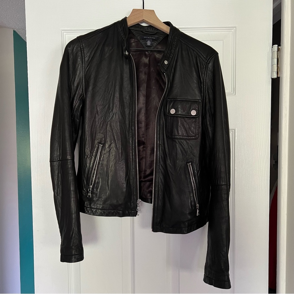 Tommy Hilfiger, vintage Black Leather Jacket, Genuine leather, Womens Medium